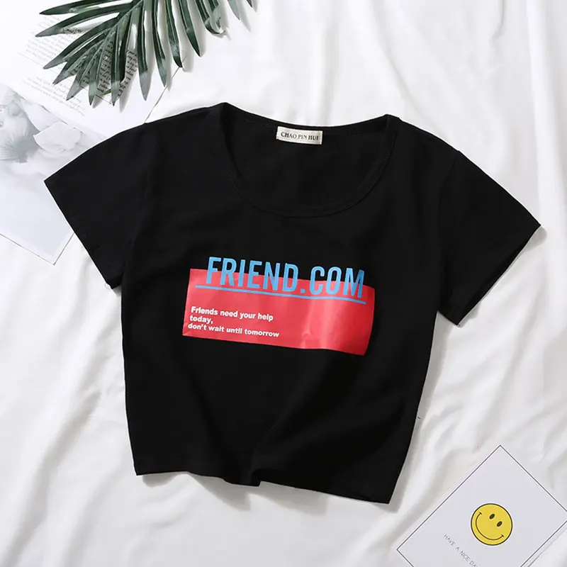 Женский короткий топ с буквенным принтом однотонный облегающий коротким рукавом