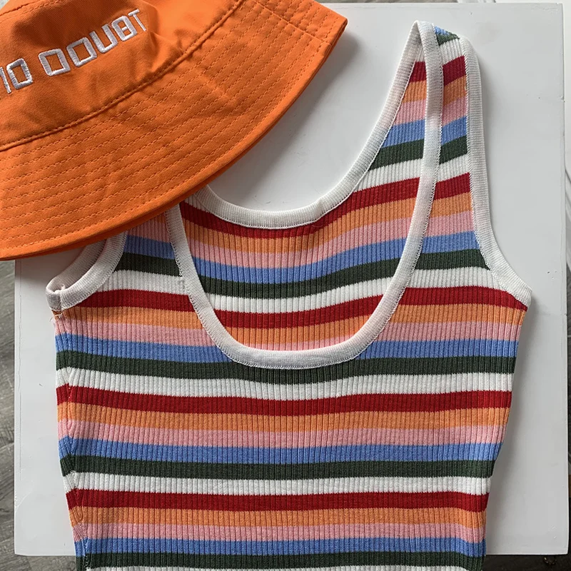 

Fashion street U-neck knitted vest women's short Rainbow Stripe suspender top summer SLEEVELESS MINI Vest HOT