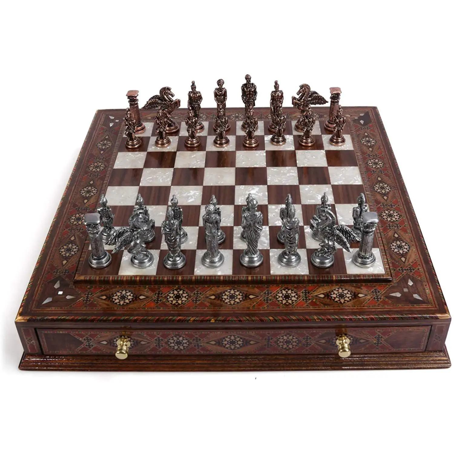 

Набор металлических шахматных фигур Pegasus, набор из натуральной твердой деревянной доски ручной работы, античная медь, с перламутровыми ящик...