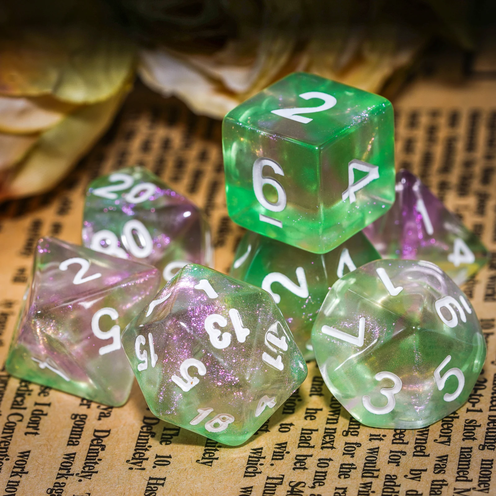 7 шт./компл. розовый/зеленый игральные кости DND набор D4 D6 D8 D10 D % D12 D20 прозрачные с