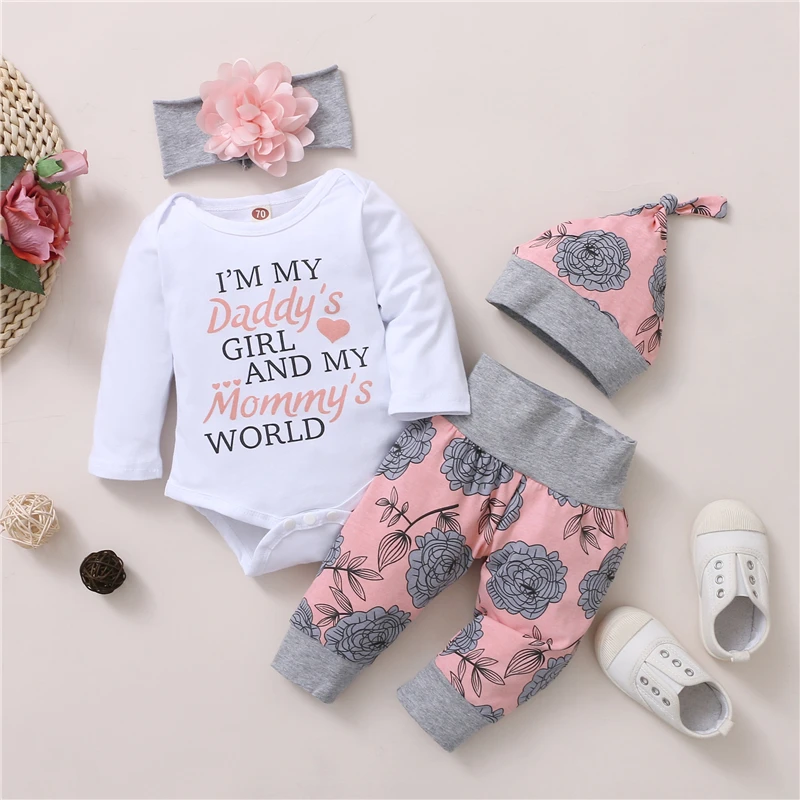 

Andy Papa 2021 Baby Autumn Suits Warm Cotton Long Sleeve Toddler Girls 4pcs/sets Infant Newborns Letter Printed Cotton Playsuits