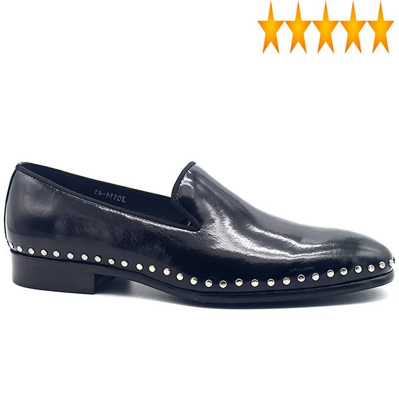 

Mens Genuine Dress Handmade Business Man Rivets Patent Leather Loafers Party Slip On Social Formal Shoes Plus Size