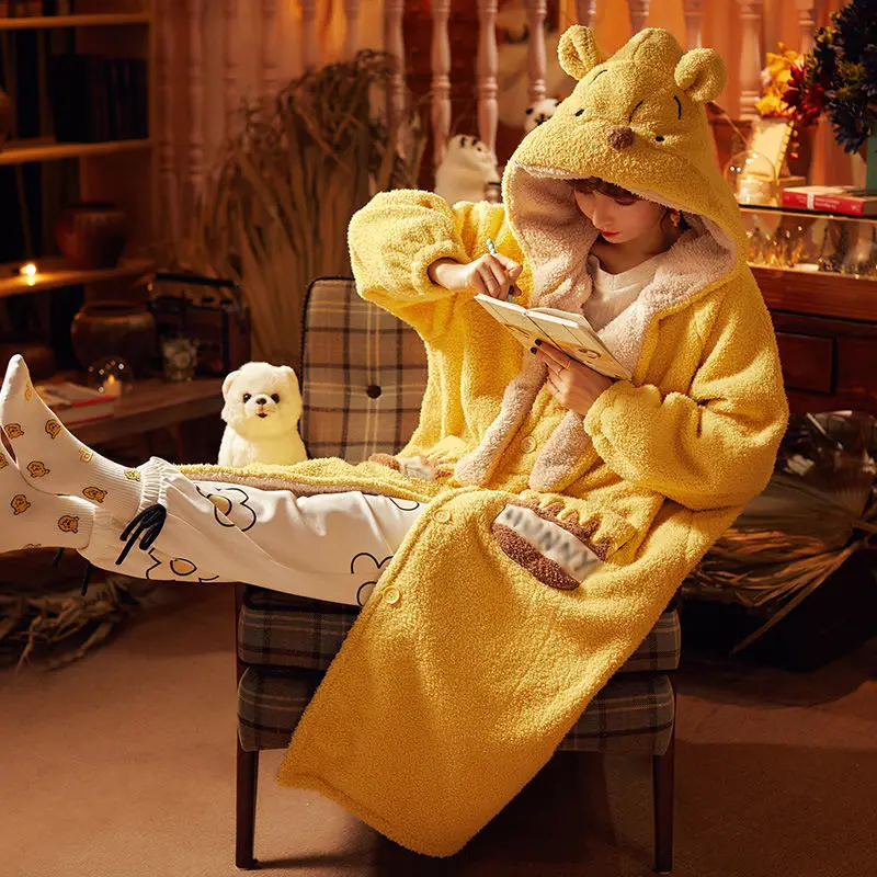 Pajamas Women's Autumn and Winter Thickening and Warming Long Bathrobe Home Wear Sleepwear Nightgown Cute Nightwear Pijamas Set