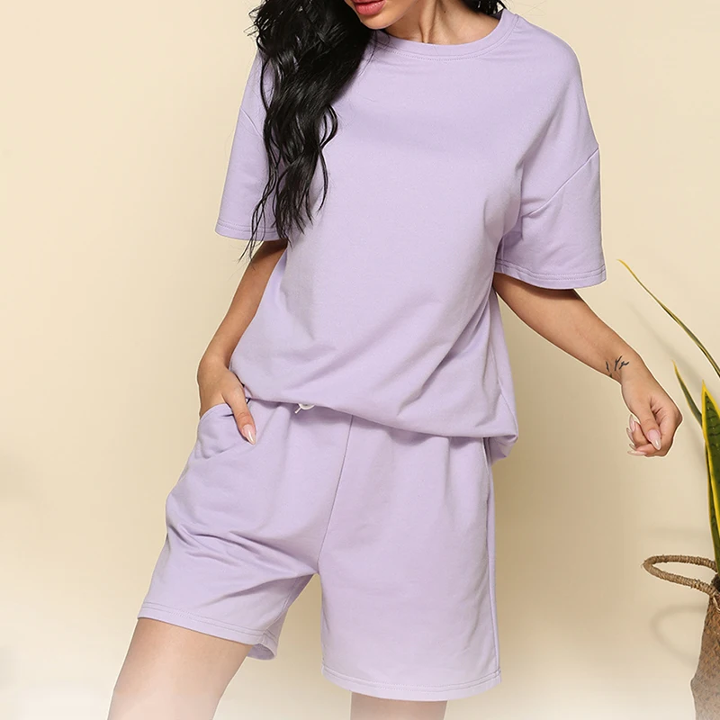 

Summer Casual Tracksuits Womens Two Peices Set Leisure Outfits T-Shirts High Waist Shorts Candy Color Clothing