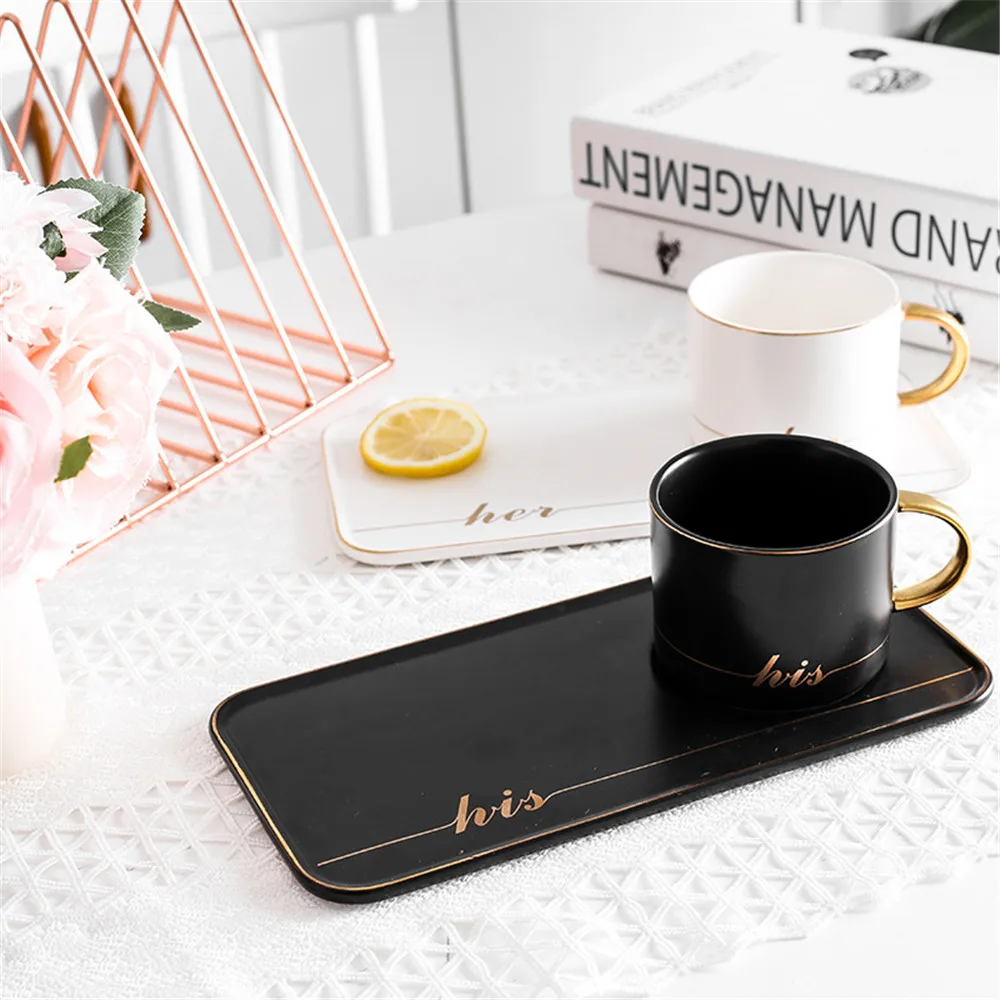 

Luxury Coffee Mug With Tray Set Gold Plating Handle Black White Couple Cup Matte Letter Pattern Household Coffee Milk Tea Mugs