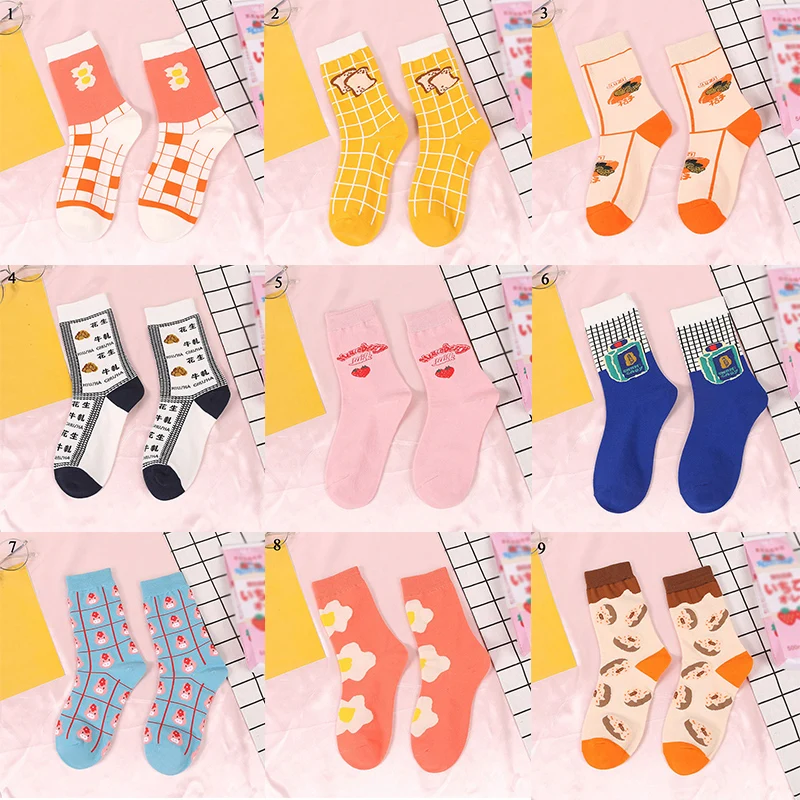 

Woman Harajuku Funny Cartoon Animal Food Cotton Socks Funny Egg Bread Cookies Happy Woman Socks Kawaii Cute Girl Socks
