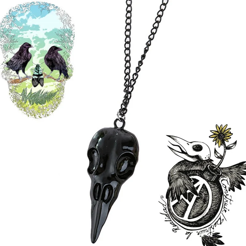 Череп кулон с вороном ожерелье черная ворона готическое викторианская ведьма