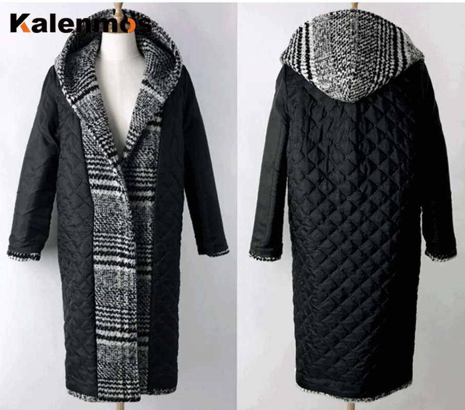 Женское длинное зимнее пальто в шотландскую клетку с капюшоном|Женские пальто| |
