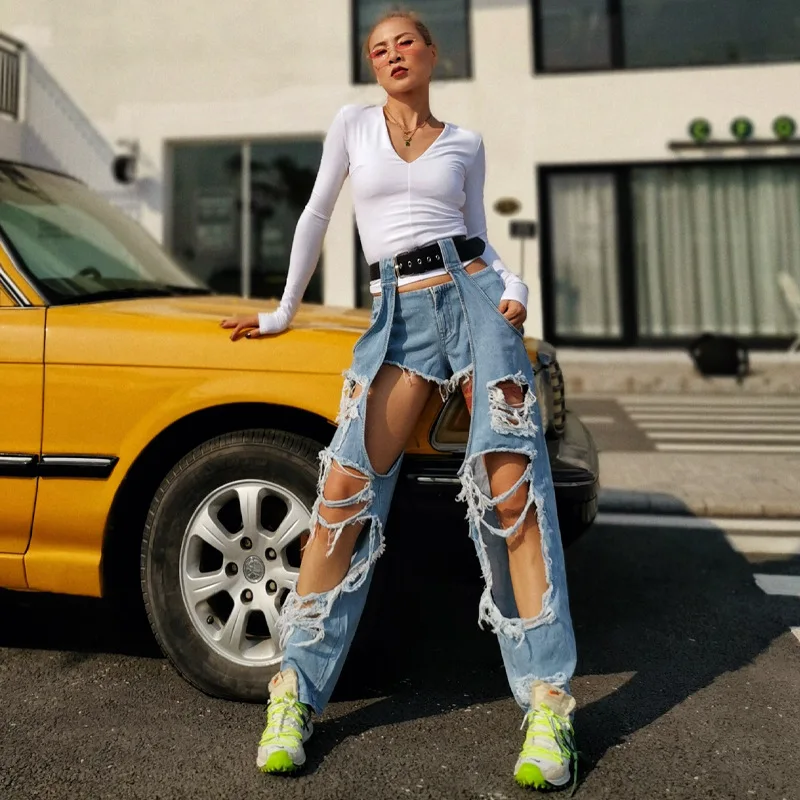 2021 street style hollowed out women's jeans two piece set personality light color high waist straight pants women's fashion