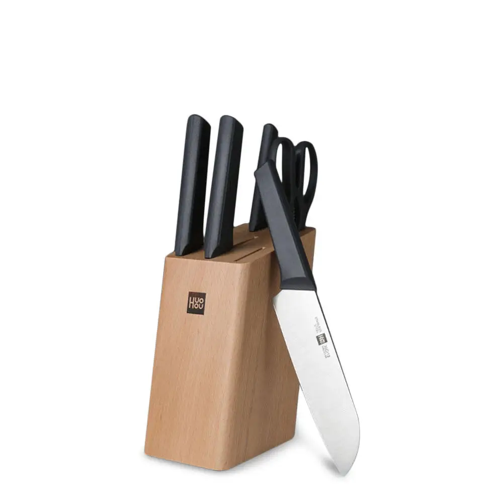 HUOHOU Stainless Steel Kitchen Knife Set 6pcs with Cutter Holder Chopping Slicing Tool Fruit Scissor | Электроника