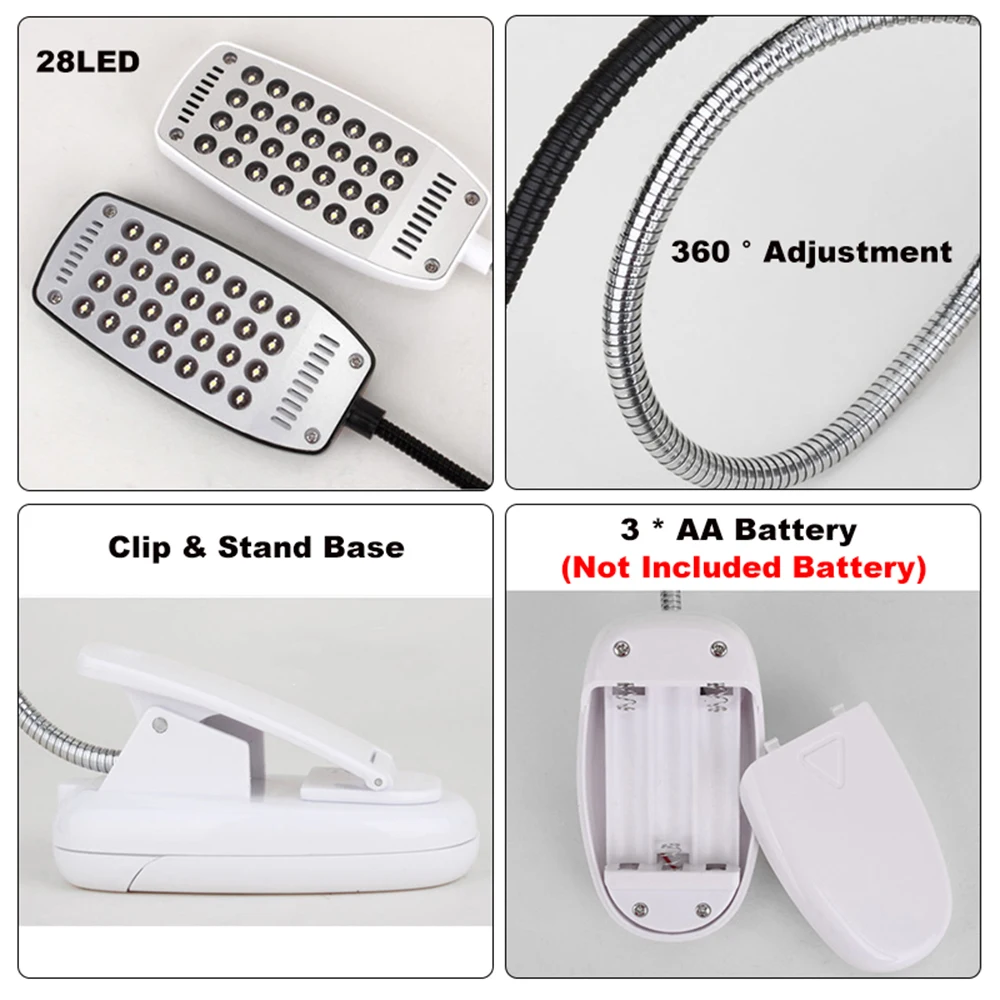 

Flexo Desk Lamp Clip-On Reading Table Lamp 28 LED Desk Lights Book light USB Power For Student Office Bedroom Lamp 3x AAA 5V LED