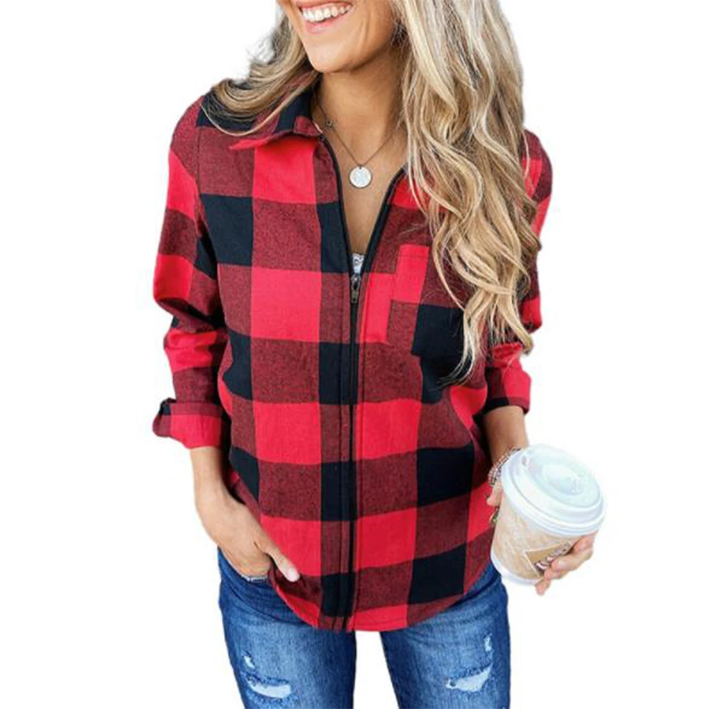 

Christmas Women Turn-down Collar T Shirt Casual Zipper Long Sleeve Plaid Print Pockets Ladies Tee Party Female Soft Streetwear