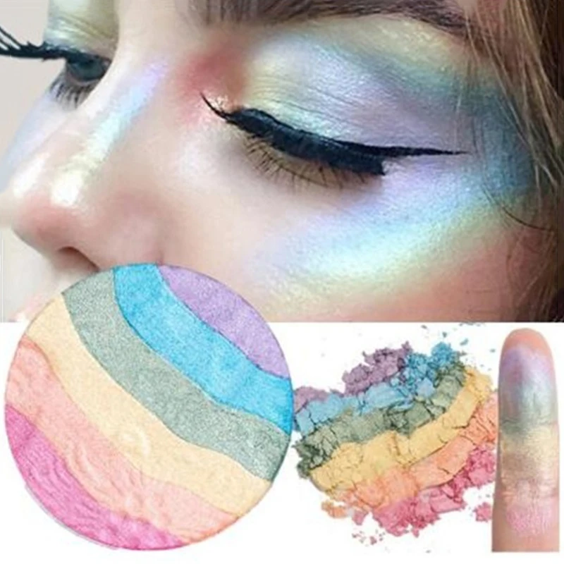 Радужный Цвет Тени для век розовый порошок хайлайтер мерцающий Макияж лица