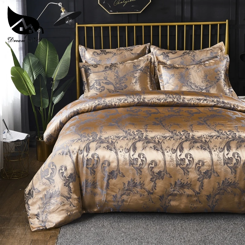 

Dream NS European and American Gold Luxury 100% Super Silk Duvet Cover Set 2 / 3Pcs Set Jacquard Bedding Sets Queen King Size