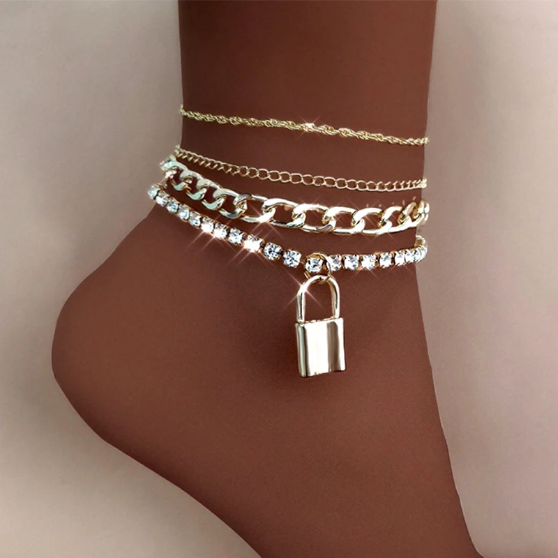 

Boho Full Rhinestone Paved Lock Pendent Chain Anklets For Women Multi-layer Gold Color Rope Chain Bracelets On Leg Jewelry Gift