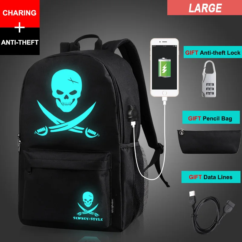 Large New Pirate Студенческий школьный рюкзак со светящимся рисунком на тему аниме школьные сумки usb зарядка противоугонные рюкзаки для ноутбука для подростков мальчиков путешествия Mochila - Цвет: Large New Pirate