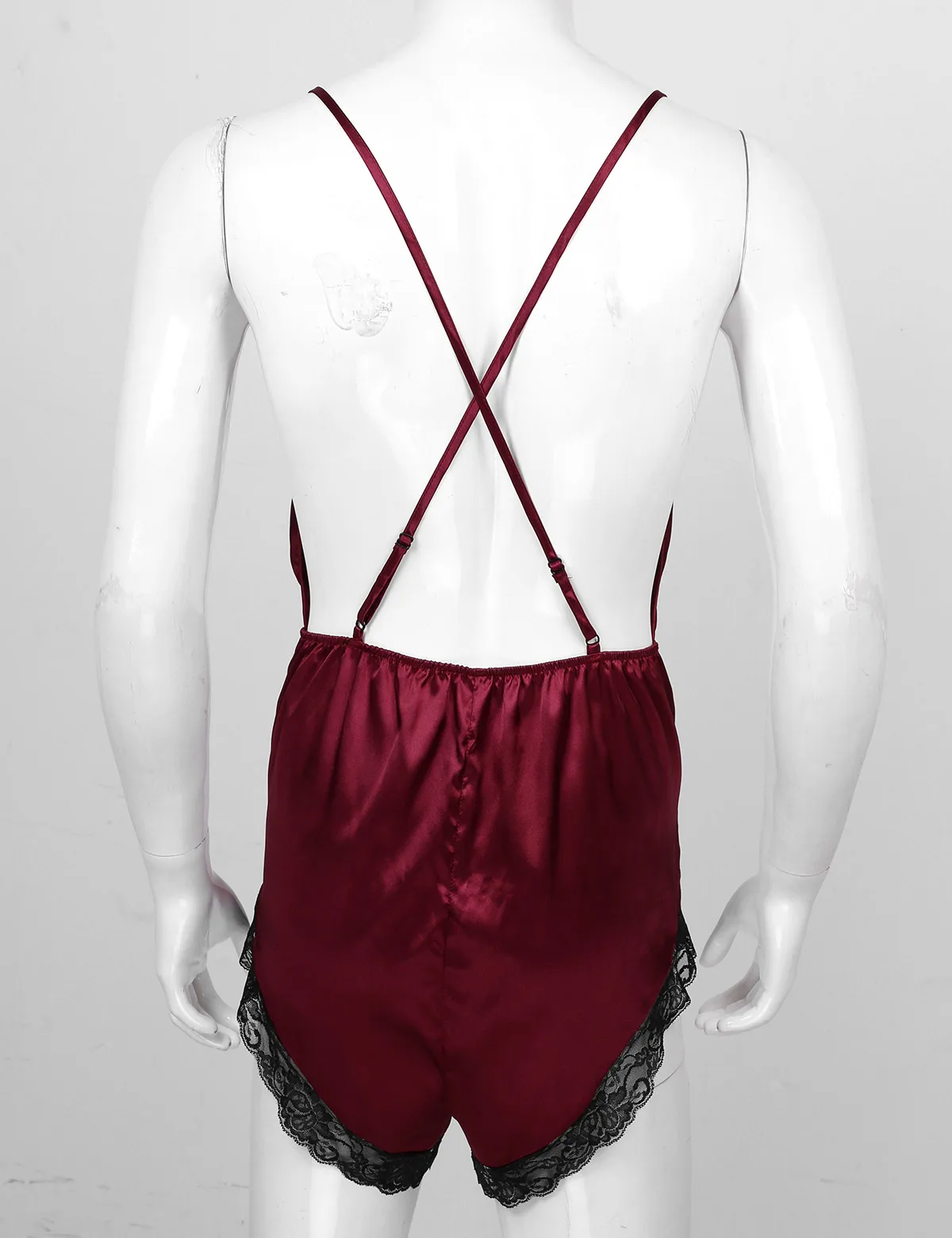 

Mens Erotic Lingerie Pajamas Romper Adjustable Spaghetti Strap Sleepwear Lace Trimmed Jumpsuit Satin V-neck Gay Male Nightwear