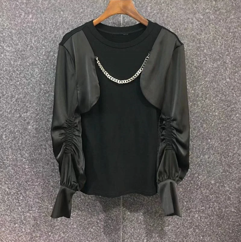 High Quality New Sweatshirts 2022 Spring Autumn Long Sleeve Tops Women Beading Necklace Deco Long Sleeve Casual Black Pullovers