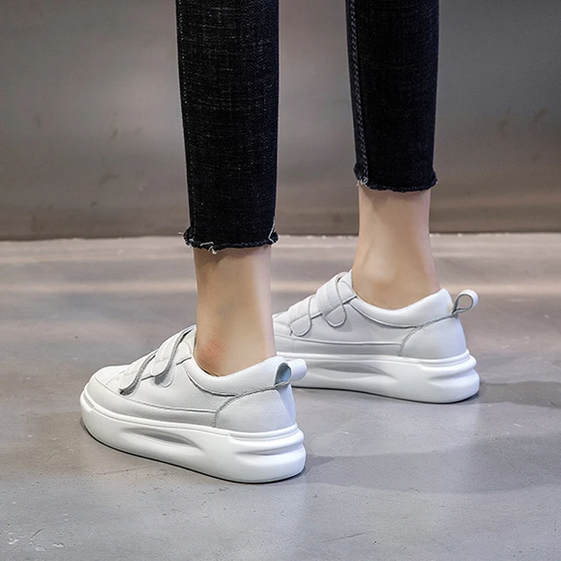 

2021 Genuine Leather Women Platform Sneakers Spring Hook & Loop Little White Shoes Ladies Thick Bottom Vulcanized Shoes