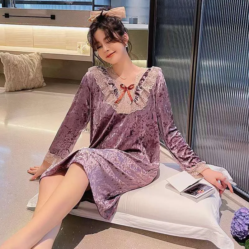 Синяя велюровая ночная рубашка для женщин Милая Кружевная Домашняя одежда с