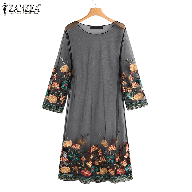 ZANZEA Sexy Mesh Women Mini Dress 2020 Fashion Ladies Embroidery Flowers Short Vestidos Summer Beach Party Outwear Sundress 5XL |