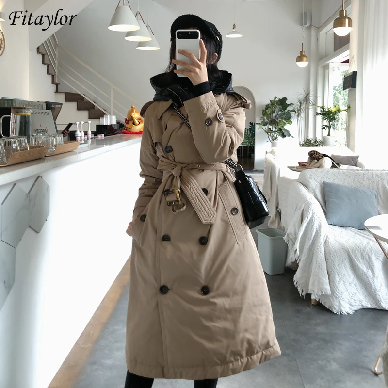

Fitaylor/зимнее женское двубортное пальто с капюшоном, тонкая ветровка, Толстая теплая куртка на утином пуху, длинное пальто с поясом