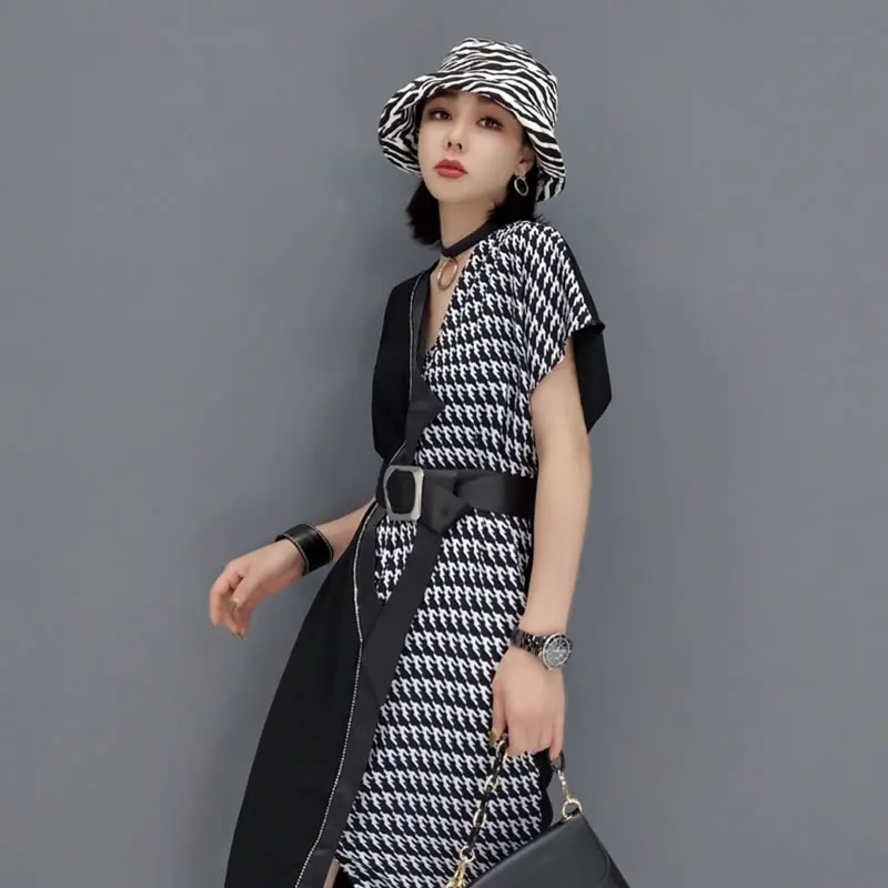 

XITAO Asymmetry Belt Patchwork European Station 2021 Summer New Fashion Temperament V-neck Color Contrast Dress WMD1316