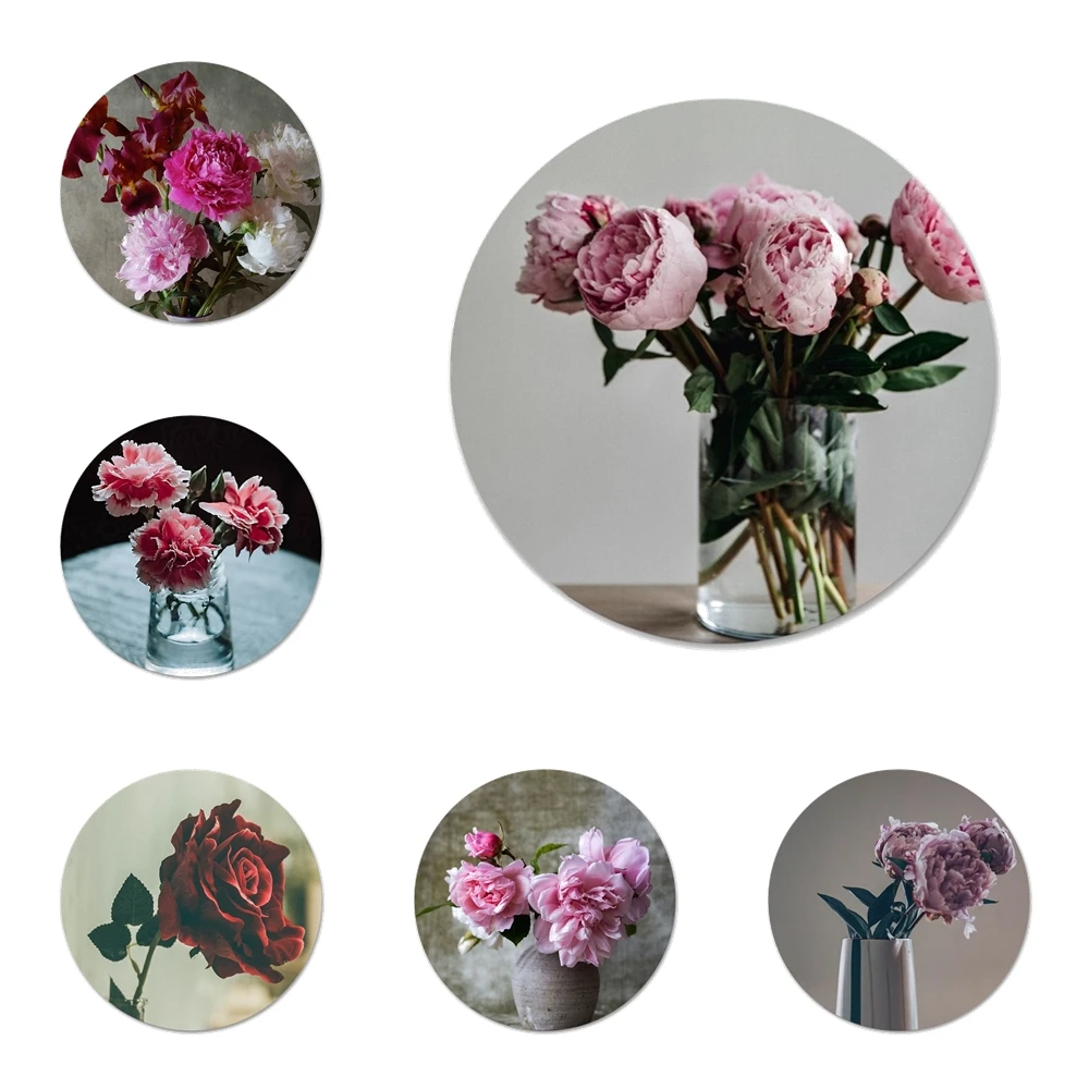 

58mm Flower Peony Vase Icons Pins Badge Decoration Brooches Metal Badges For Clothes Backpack Decoration