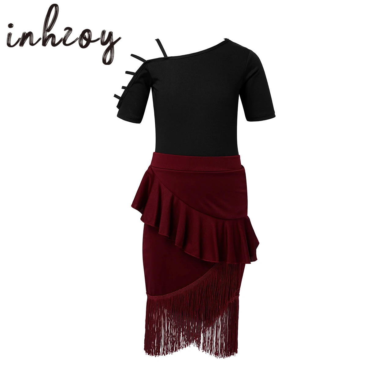 

Girls Salsa Tango Latin Dance Dress Kids Ballroom Dancing Prom Party Dress Girls Dance Leotard Tassel Ruffle Fishtail Skirt Set