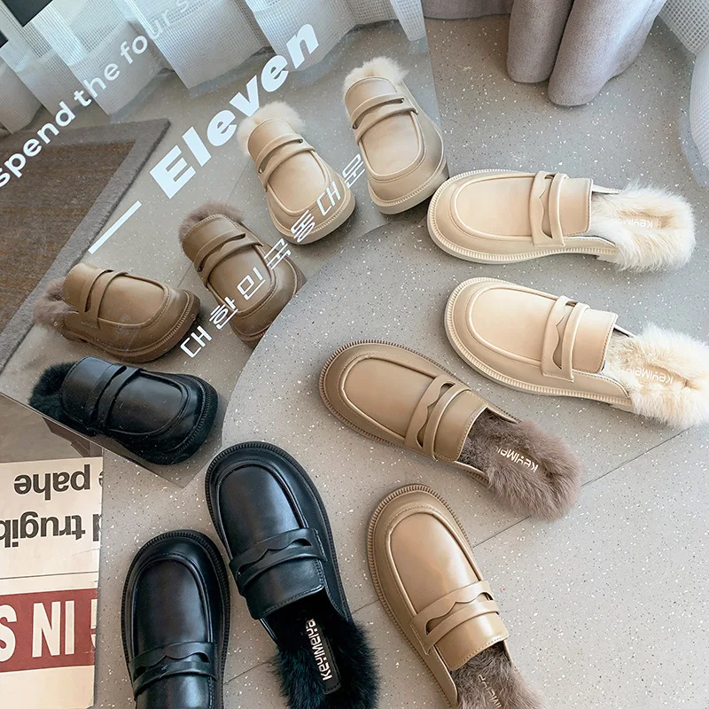 

Semi-Slipper Mules Women's Autumn and Winter Fleece-Lined New Outdoor Thick-Soled Ins Fashionable Fluffy Slippers Women's Shoes