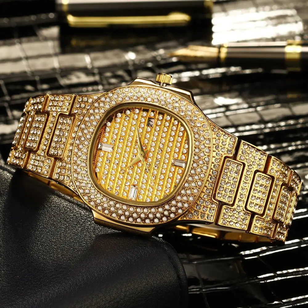 Мужские часы с блестящим покрытием 18K золотые кварцевые наручные для мужчин хип