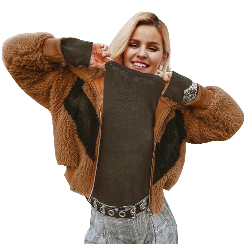 

Streetwear Faux Fur Patchwork Soft Leather Coat Women Autumn Zip Short Warm Jacket Coat Female Fluffy Teddy Winter Coat Outwear