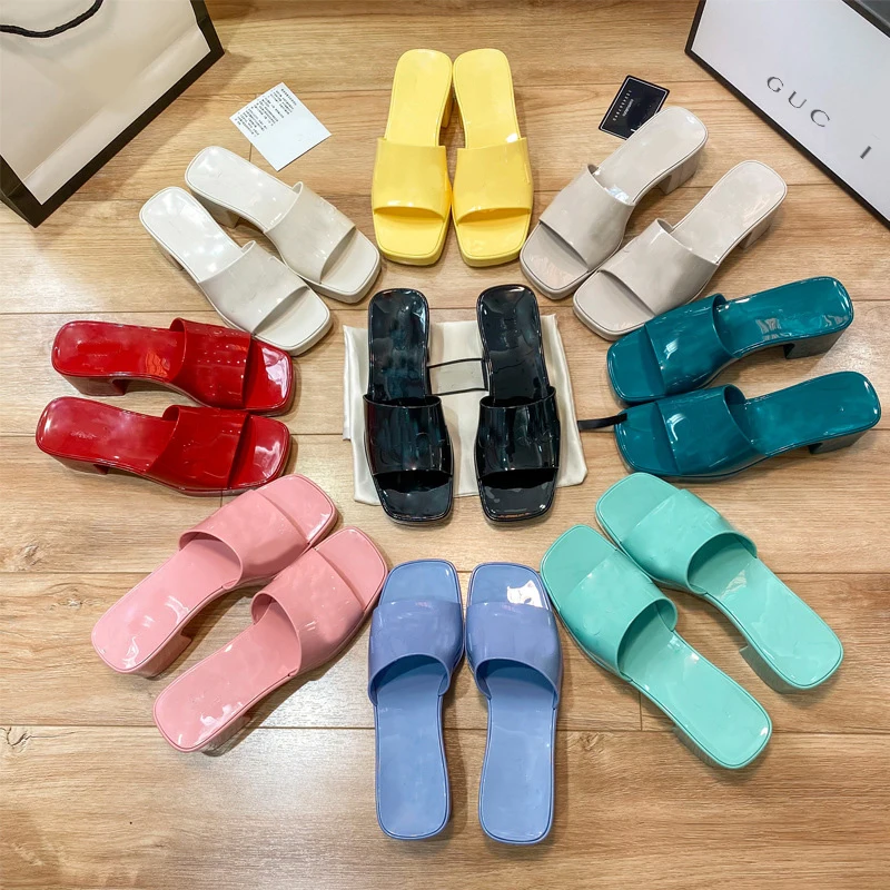 

2021 Jelly PVC Slippers Open Toe Shoes Woman Runway Chunky Heels Beach Slides Big Size Candy Colors Sapatos Feminina