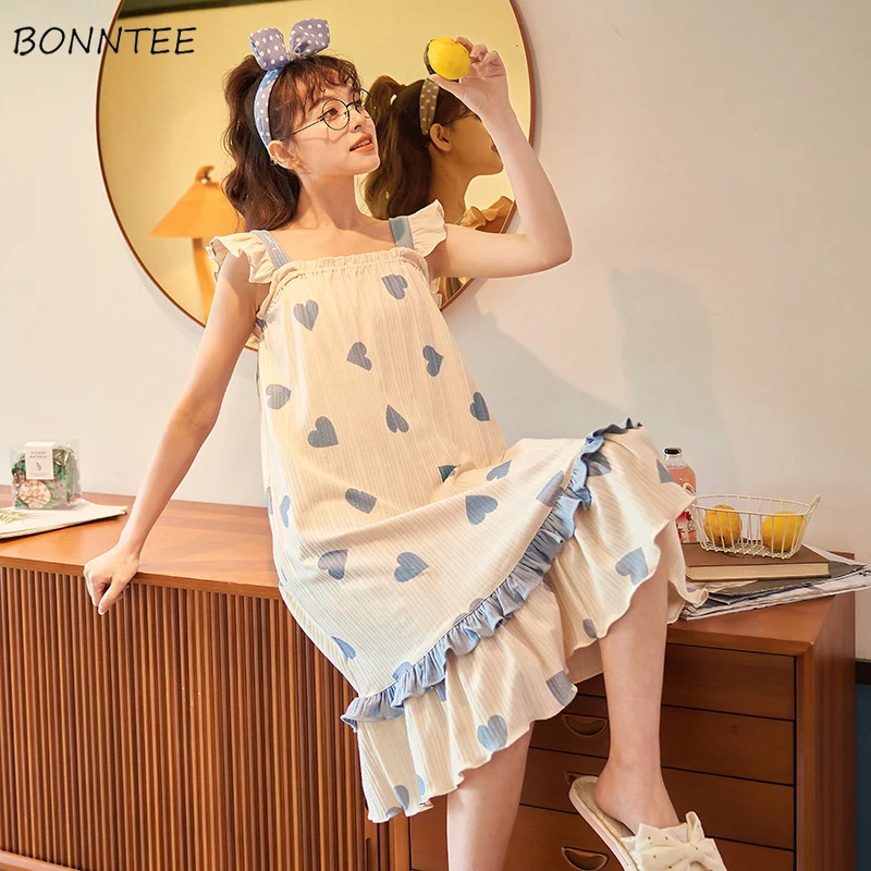 

Nightgowns Women Printed Bow Various Colors Mid-calf Plus Size Lovely Sleeveless Ruffles Homewear Students Casual Comfort Baggy