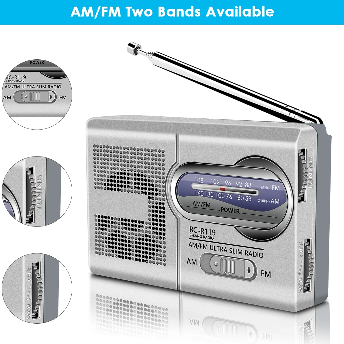 

Multifunctional Mini Radio AM/FM BC-R119 Broadcast Speaker Receiver Telescopic Antenna Two Channels FM:88-108MHz AM:530-1600KHz