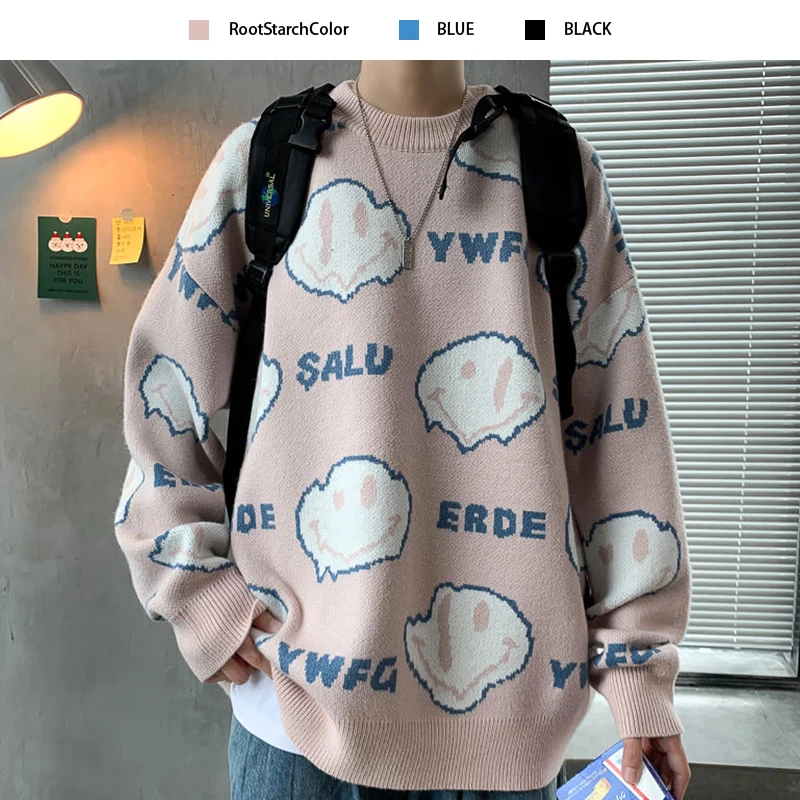 

Men's Loose All-match Sweater Trend Printed Letters Cartoon Smiley Face Knitted Pullover Loose Slim Bottoming Tops Autumn Winter