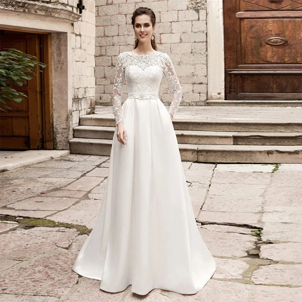 

Elegant A Line Wedding Dresses 2021 Princess O Neck Long Sleeve Lace Appliques Satin Sweep Train Bridal Gown Custom Made