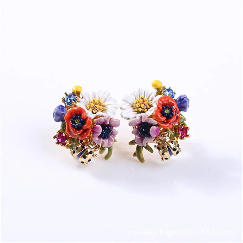 Серьги в форме мака комплект из ожерелья и браслета эмалированные глазурованные