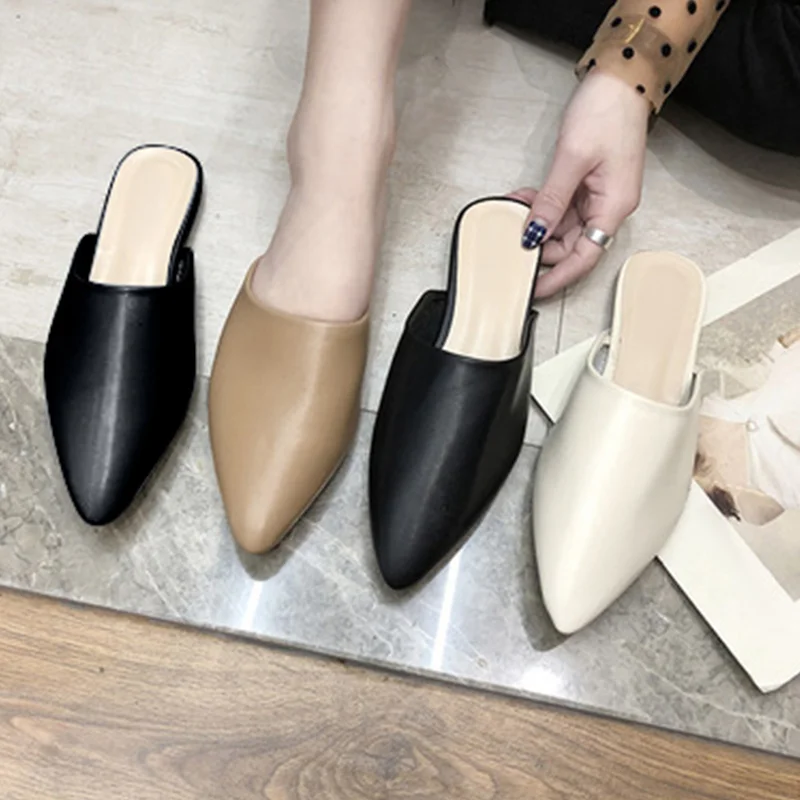 

Woman Mules Soft Genuine Leather Slip On Solid Color Ladies Flats Pointed Toe Half Slippers Female Street Style Leisure 2021 INS