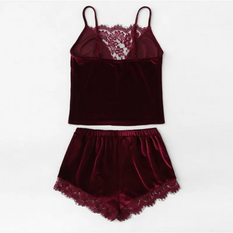 Модная женская Вельветовая пижама из 2 предметов Сексуальная кружевная Пижама на