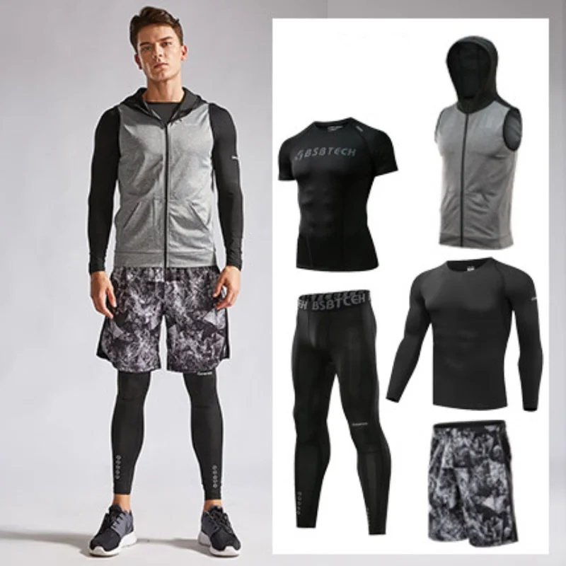 

Summer Gym Fitness Clothes Suit Men's Running Sports Quick-drying Tights Training Basketball Sport Jogging Four-piece Suit