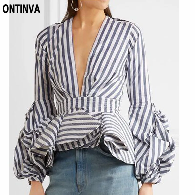 Сексуальный глубокий v образный вырез синий полосатый Blusas 5XL размера плюс женский