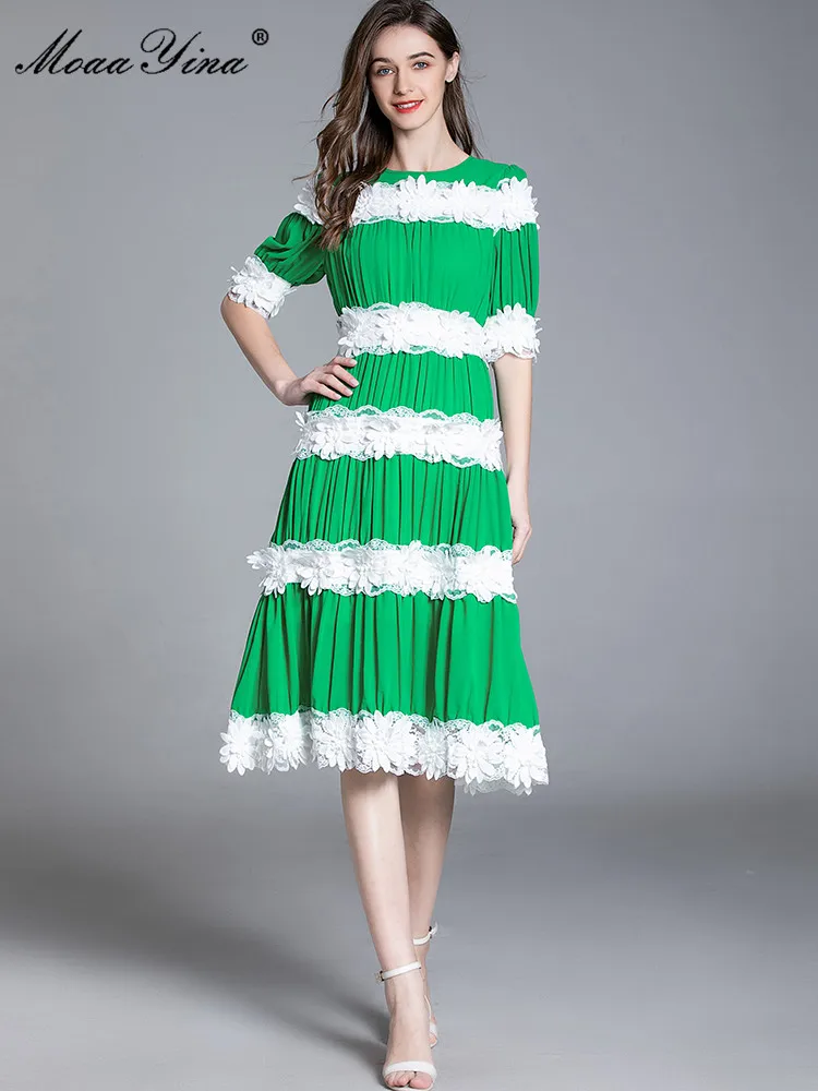 

MoaaYina Fashion Designer dress Spring Women Dress Round Neck Half Sleeve Lace Applique Flowers Elegant Green Knee-Length Dress