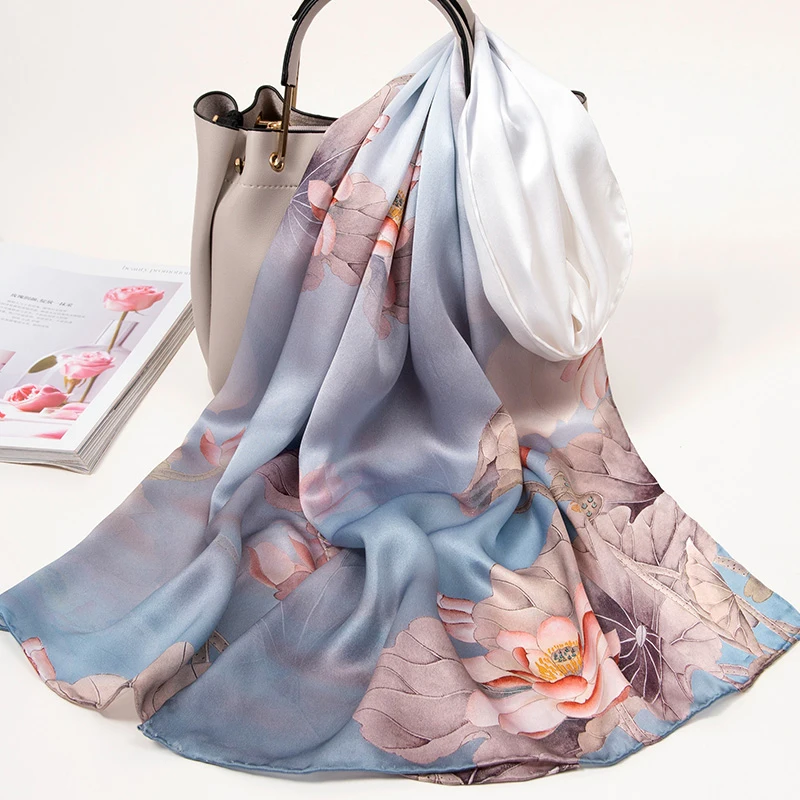 

100% Silk Scarves Women Hangzhou Real Silk Scarf Wraps for Ladies Grey Printed Flowers Echarpe Long Natural Silk Foulard Femme