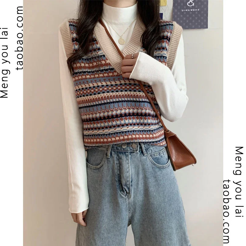 

Autumn and Winter Lazy Style Retro Short Knitted Vest Women's Sweater Vest Design outside V-neck Waistcoat Vest