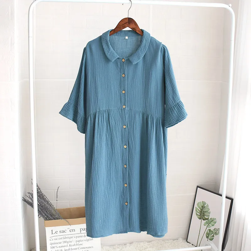 

Summer 100% Cotton Nightdress Half-Sleeve Ruffled Women Sleepwear Solid Loose Leisure Night Dress Crepe Fabric Nightgown