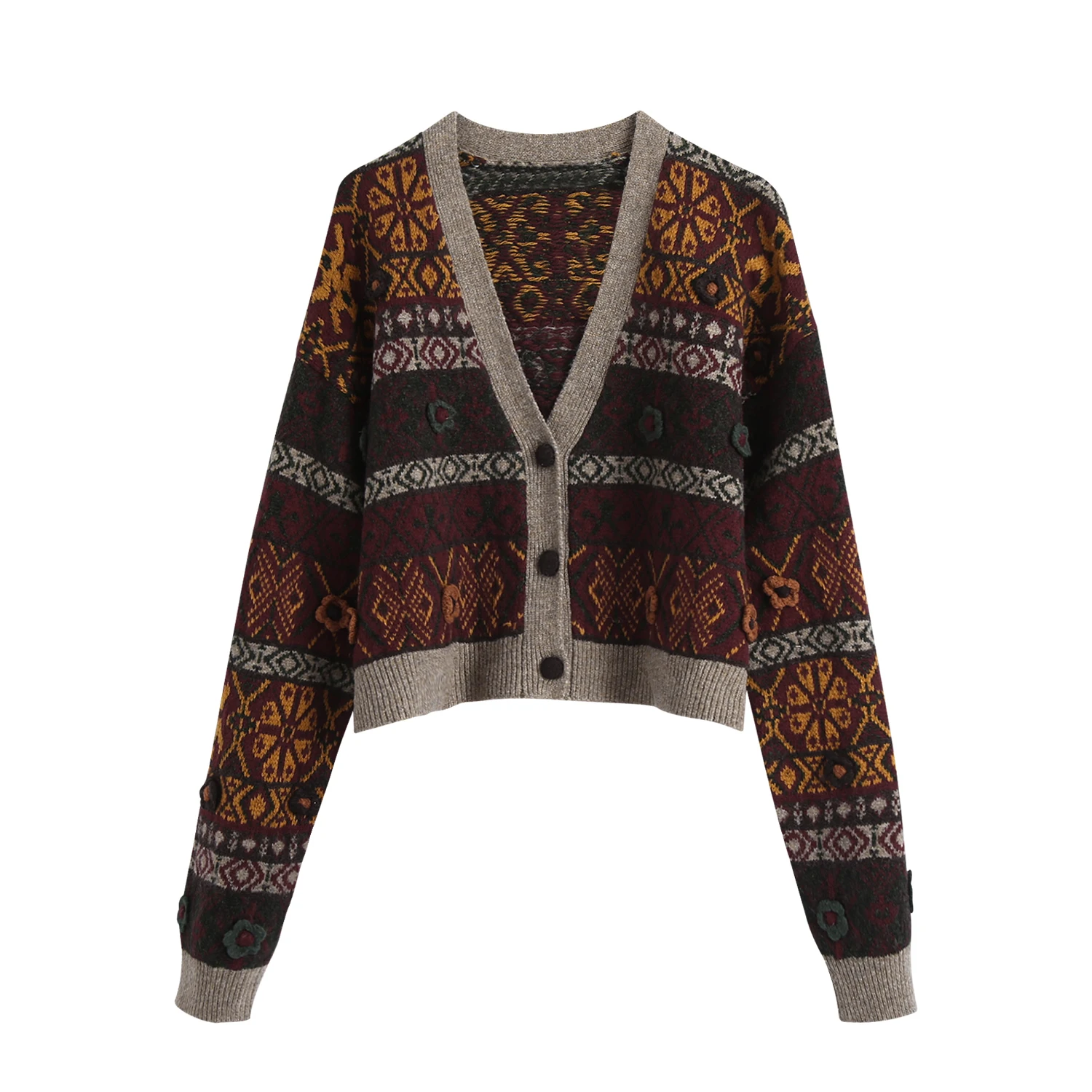 

Women Brocade Knitted Sweater Autumn Winter Casual V-Neck Long Sleeve Crochet