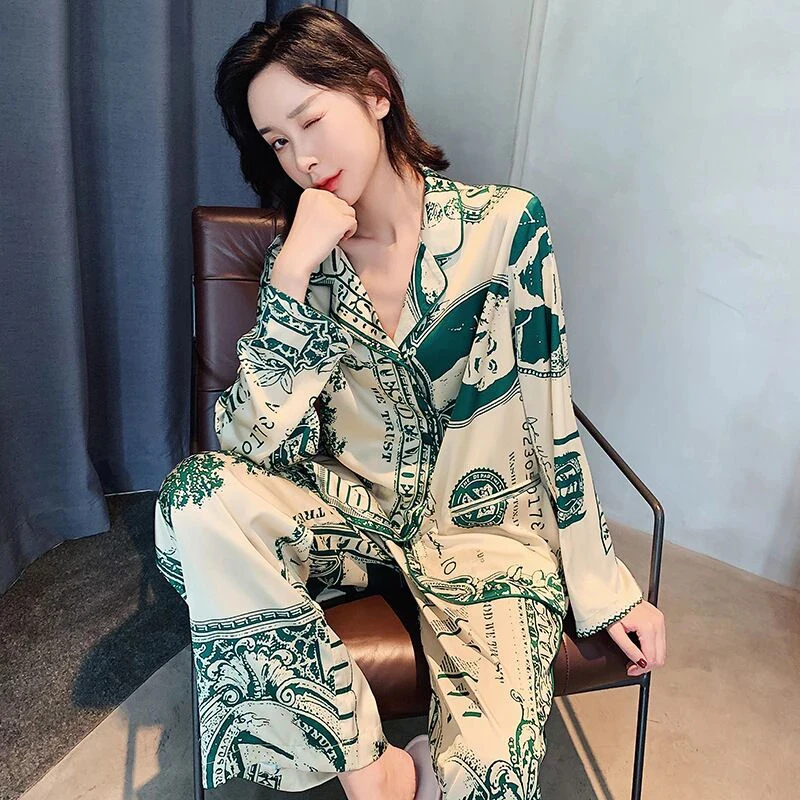 

Autumn Summer Women's Pajamas Set Loose Long Sleeve Ice Stain Personalized Print Home Wear Sleep Clothes Set for Female 2021