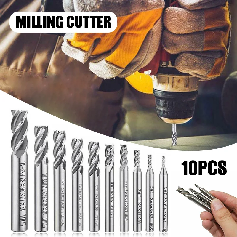 

10pcs High Speed Steel Milling Cutter HSS 4 Flutes Straight Shank Square Nose End Milling Cutters Hand Tools Woodworking Tools
