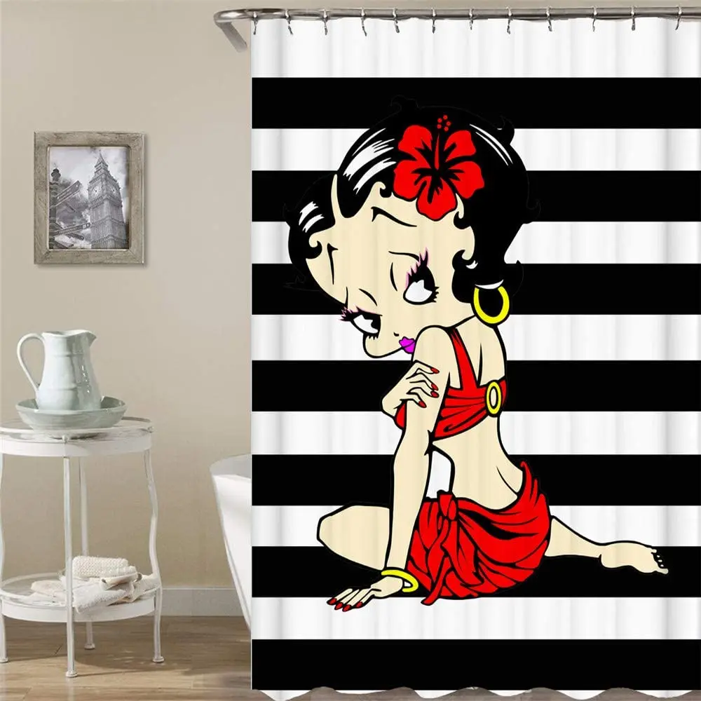 

The Sexy Girl Boop on The White and Black Stripe Background Bath Curtain